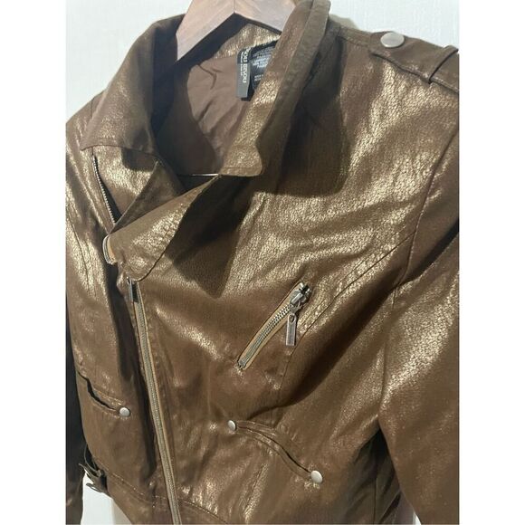 Bisou Bisou Women’s Large Brown Faux Leather Full Zip Moto Cropped Jacket - Picture 3 of 7